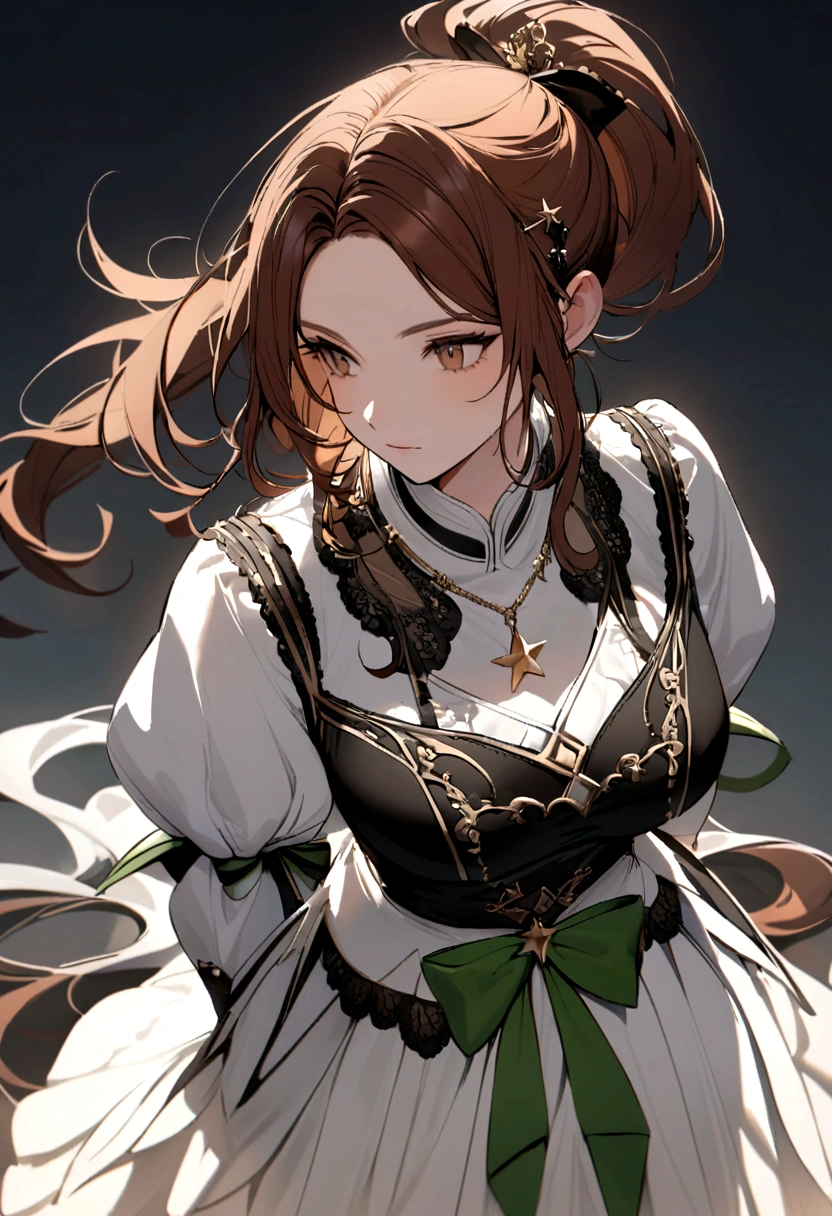 Reddish brown hair styled in a ponytail, a green bow along with a black hairpin. white shirt with puffed sleeves, star necklace, slightly long white skirt with black details at the end. black shoes with white details
