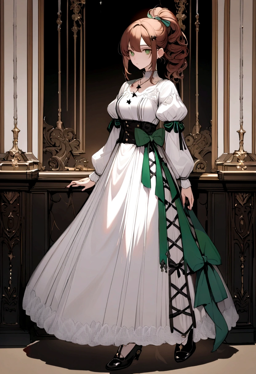 Reddish brown hair styled in a ponytail, a green bow along with a black hairpin. white shirt with puffed sleeves, star necklace, slightly long white skirt with black details at the end. black shoes with white details