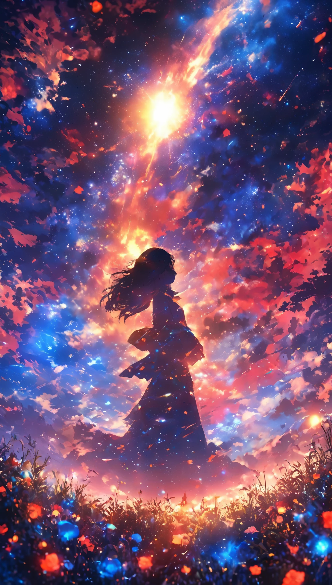 masterpiece, Concept Art, Panorama, in the center, shape, Wide Shot, garden, night, (meteor), Space galaxy background, (Great composition, Epic scale), Dynamic Lighting, Bright colors, Blue rose,landscape black hair, longeyelashes, solid circle eyes, ccurate, gradient hair, mole under eye, glowing eyes, eyeball, sad, drop shadow, anaglyph, stereogram, tachi-e, ass pov, atmospheric perspective, anime style, chromatic aberration, cinematic lighting, reflection light, 8K, super detail, best quality, uhd, high details, textured skin