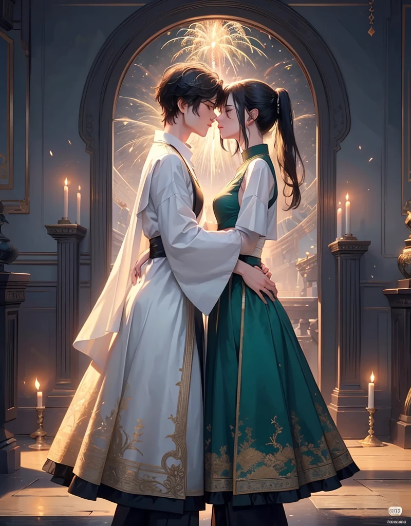 ((highest quality)), ((masterpiece)), (Get used to it), Perfect Face , Couple , 1 male(black short hair, main character vibes, badass) , 1 female(white and green long hair , kiss , hugging each other, in a temple, scenery fireworks over the sea. Rains, watching in each other eyes with passion