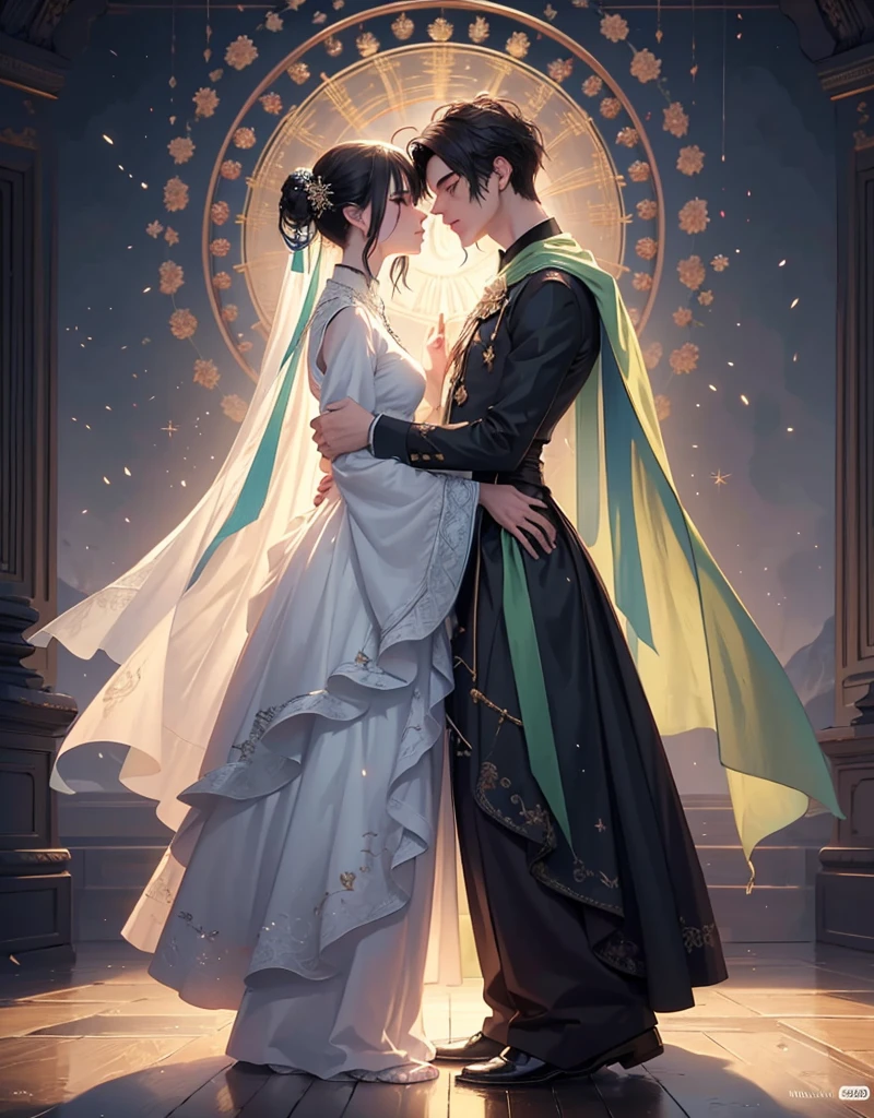 ((highest quality)), ((masterpiece)), (Get used to it), Perfect Face , Couple , 1 male(black short hair, main character vibes, badass) , 1 female(white and green long hair , kiss , hugging each other, in a temple, scenery fireworks over the sea. Rains, watching in each other eyes with passion