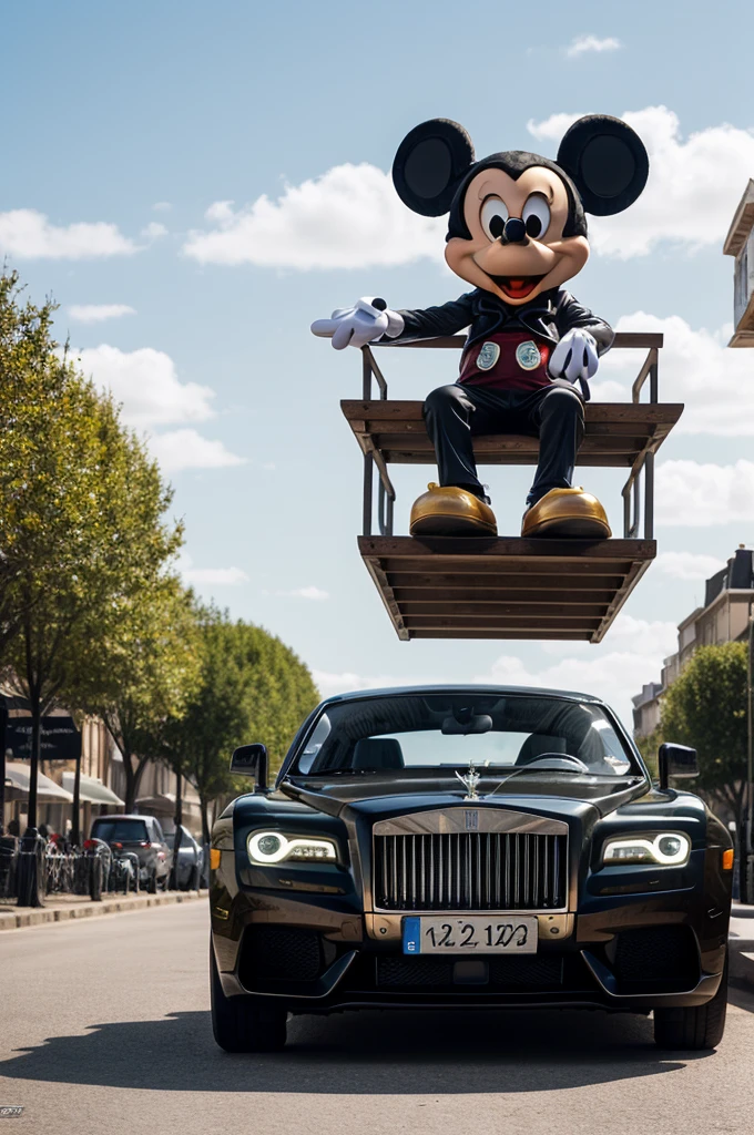 Crée une illustration de Mickey Mouse en style bling-bling. Mickey doit être assis sur le capot d'une voiture de luxe, comme une Rolls-Royce ou une Lamborghini. Il porte une chaîne en or massive autour du cou, des vêtements de marque Dior, et ses bras sont croisés. L'arrière-plan peut inclure un paysage urbain de nuit avec des néons et des gratte-ciels, ajoutant à l'atmosphère luxueuse et moderne. Assure-toi que Mickey a une attitude confiante et cool.