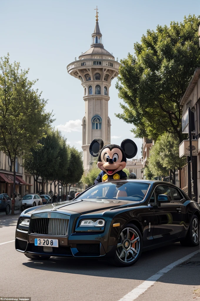 Crée une illustration de Mickey Mouse en style bling-bling. Mickey doit être assis sur le capot d'une voiture de luxe, comme une Rolls-Royce ou une Lamborghini. Il porte une chaîne en or massive autour du cou, des vêtements de marque Dior, et ses bras sont croisés. L'arrière-plan peut inclure un paysage urbain de nuit avec des néons et des gratte-ciels, ajoutant à l'atmosphère luxueuse et moderne. Assure-toi que Mickey a une attitude confiante et cool.