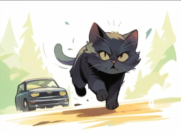 a cat running between cars