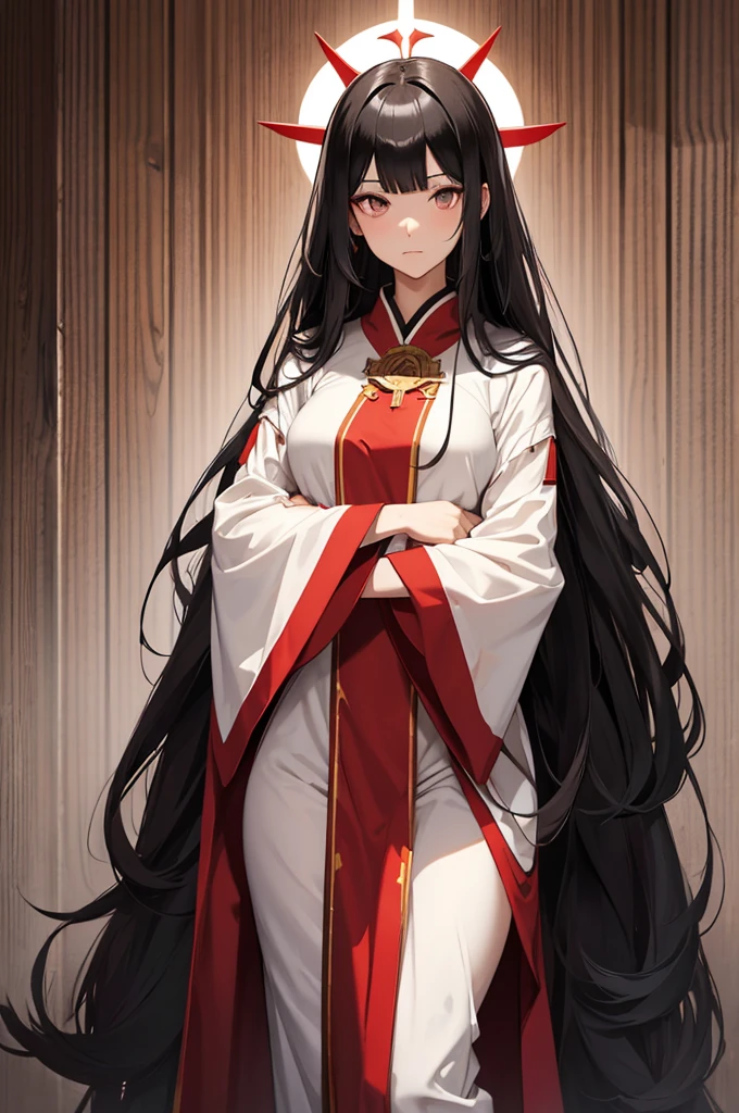 long black hair, female human, gray eyes, red and white priestess robes, full body, wide hips, full body, wooden wall background, neutral expression, parted fringe, adult, fully clothed, arms on sides,