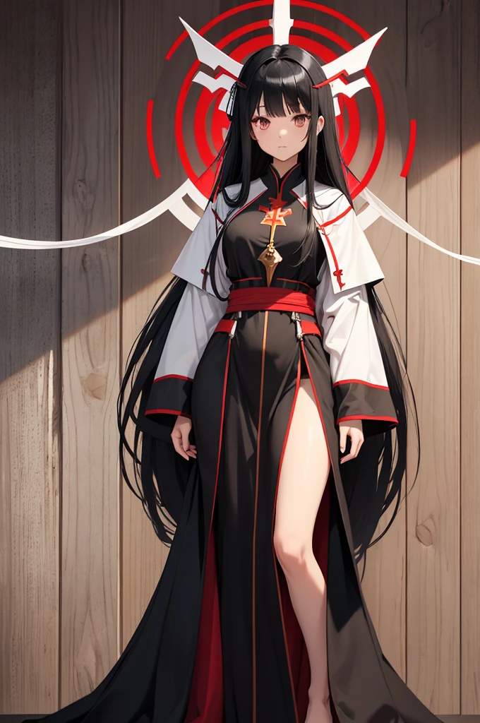 long black hair, female human, gray eyes, red and white priestess robes, full body, wide hips, full body, wooden wall background, neutral expression, parted fringe, adult, fully clothed, arms on sides,