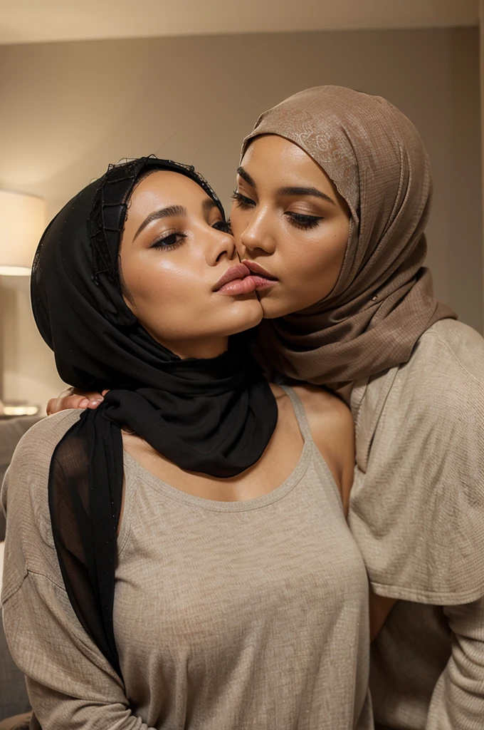 A man is kissing on the lips with a beautiful woman wearing a hijab in the living room