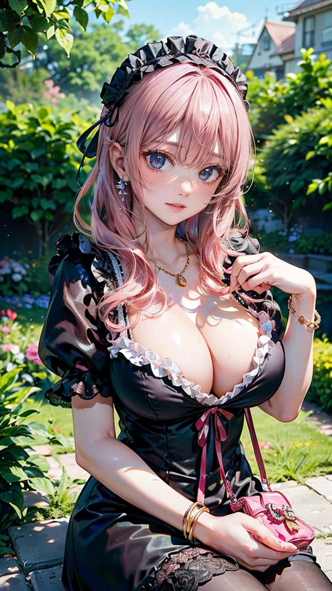 (Masterpiece, BestQuality:1.3), (ultra detailed:1.2), (hyperrealistic:1.3), (RAW photo:1.2), High detail RAW color photo, professional photograph, (Photorealistic:1.4), (realistic:1.4), (Pink Hair:1.5), professional lighting, perfect anatomy, (Big Breasts:1.2), (blush, detailed face), (cheerful Smile:1.5), Trending Hair&Trending Hairカラーをランダムに, earrings, necklace, bracelet, sexly, erotic sexly, Random sexy gravure poses, (Beautiful cosplayer wearing a black and red ta dress、Sitting elegantly in a Victorian garden、Smiling。With a big ribbon on her head、She is holding a lace handbag in her hand。:1.3)