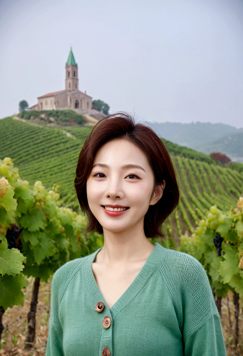 8k best picture quality, Beautiful 36-year-old Korean woman, clear and nice weather. Chest size 34 inches, italian countryside, past the vineyard, The cathedral is visible in the fog in the distance., The back background is realistic and vivid image quality, Short and medium hair blowing in the wind, Wearing high-end luxury knitwear. casual pants, Smile. the background is clear, Short and slim Korean woman, stand far away, Photo taken with a wide-angle lens, 1 woman