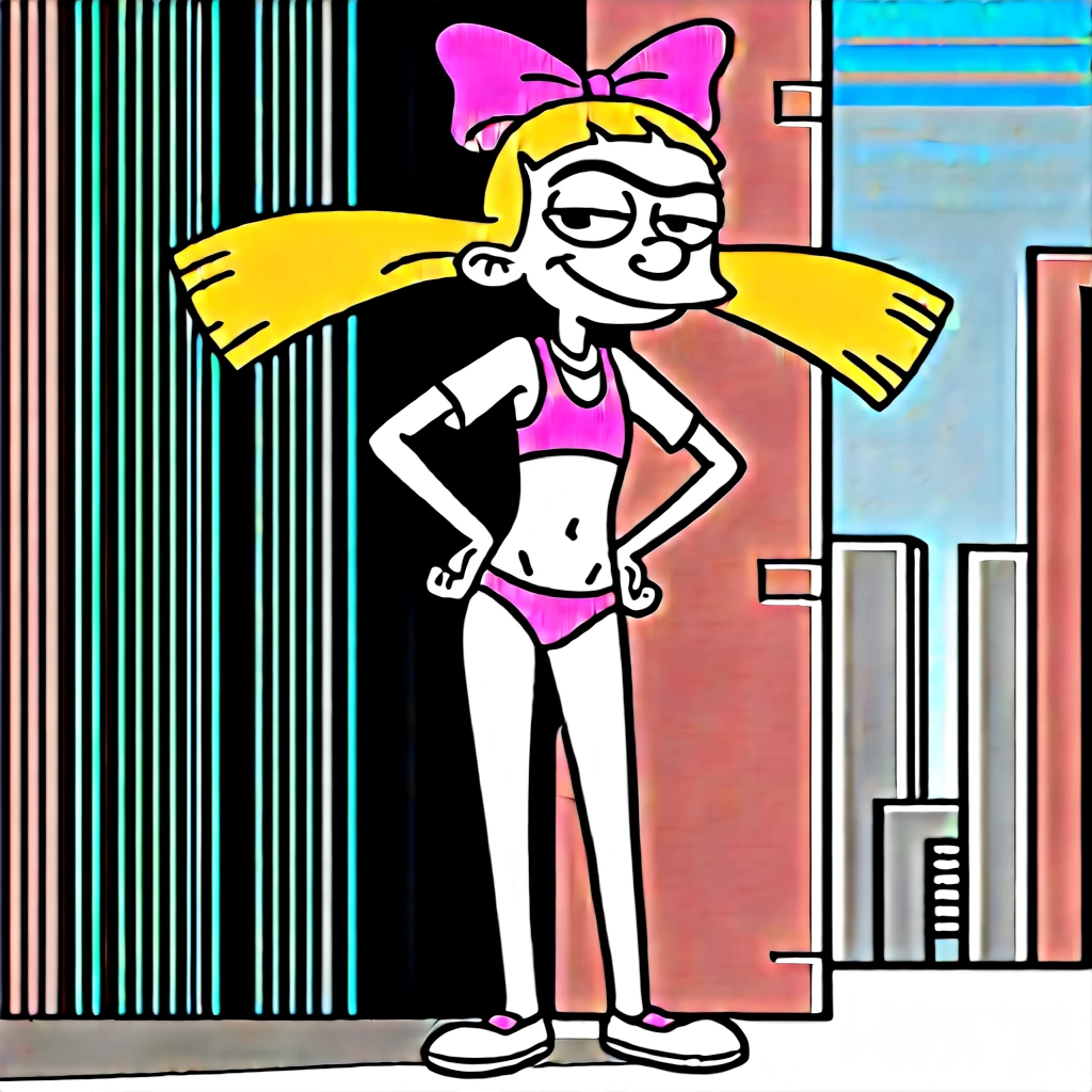 helga, solo, 1girl, blonde hair, floating hair, black eyes, twintails, monobrow, hair bow, smile, looking at viewer,,outdoors,city, score_9, score_8_up, score_7_up, score_6_up , skinny body, source_cartoon, on beach, pink swimsuit, hand on hips,full body