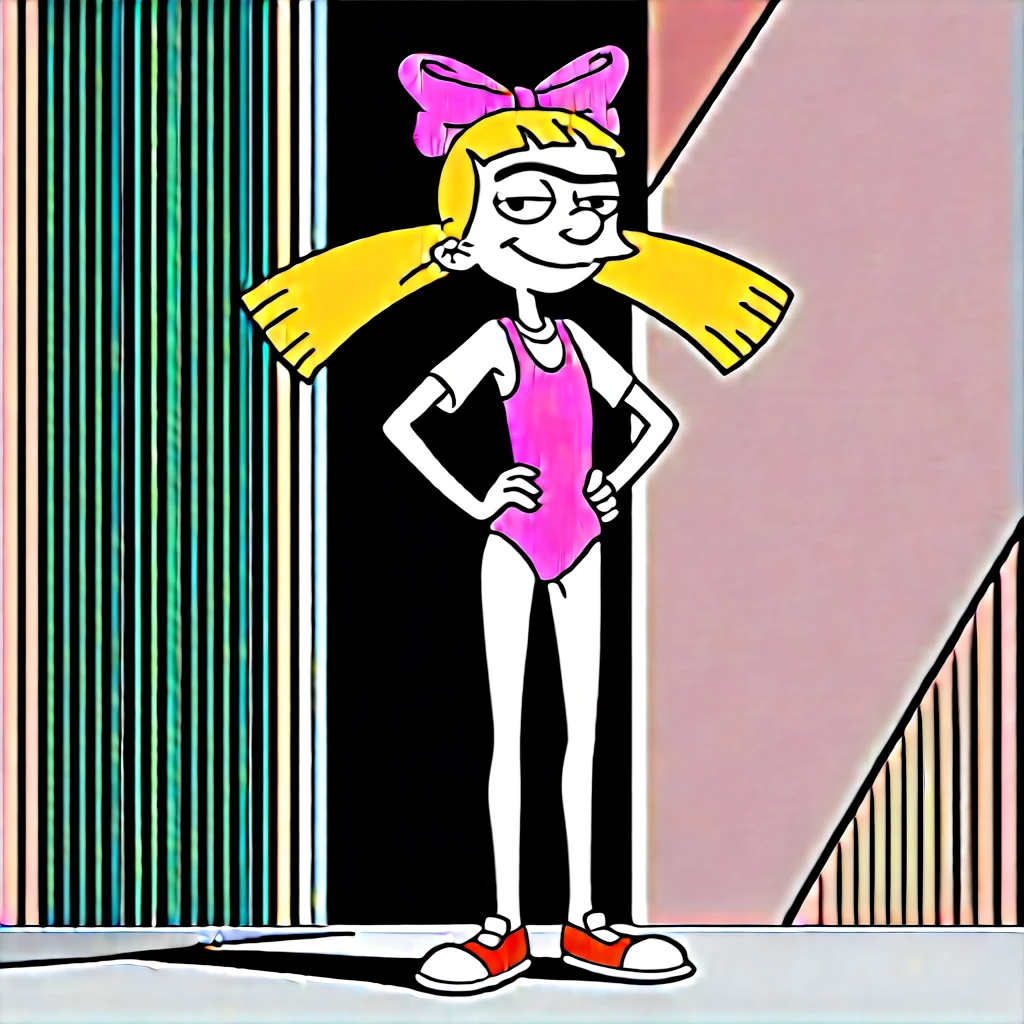 helga, solo, 1girl, blonde hair, floating hair, black eyes, twintails, monobrow, hair bow, smile, looking at viewer,,outdoors,city, score_9, score_8_up, score_7_up, score_6_up , skinny body, source_cartoon, on beach, pink swimsuit, hand on hips,full body