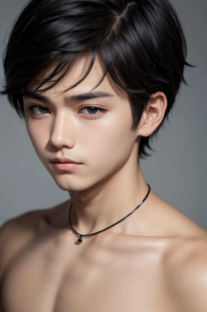 Boy with short pointed black hair with smooth face