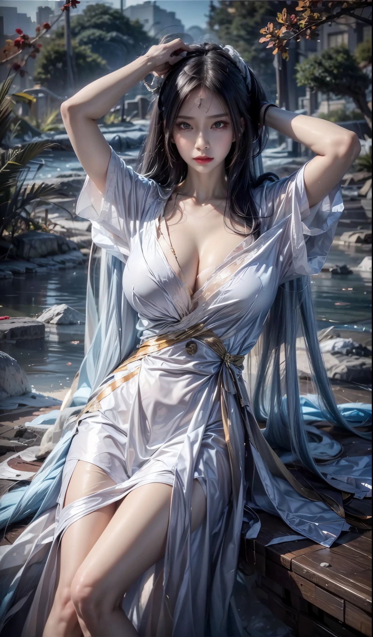 realistic, 1 women, best quality, 12k, HD, long hair, big round breasts, cleavage, ponytail, necklace, jewelry, shorts, short jacket, slim hips, hair tie, yellow eyes, black hair, super detailed, Eye details, hair details, person details, mouth details, face details, breast details, clothes details, hair details, pants details, hand details, whole body