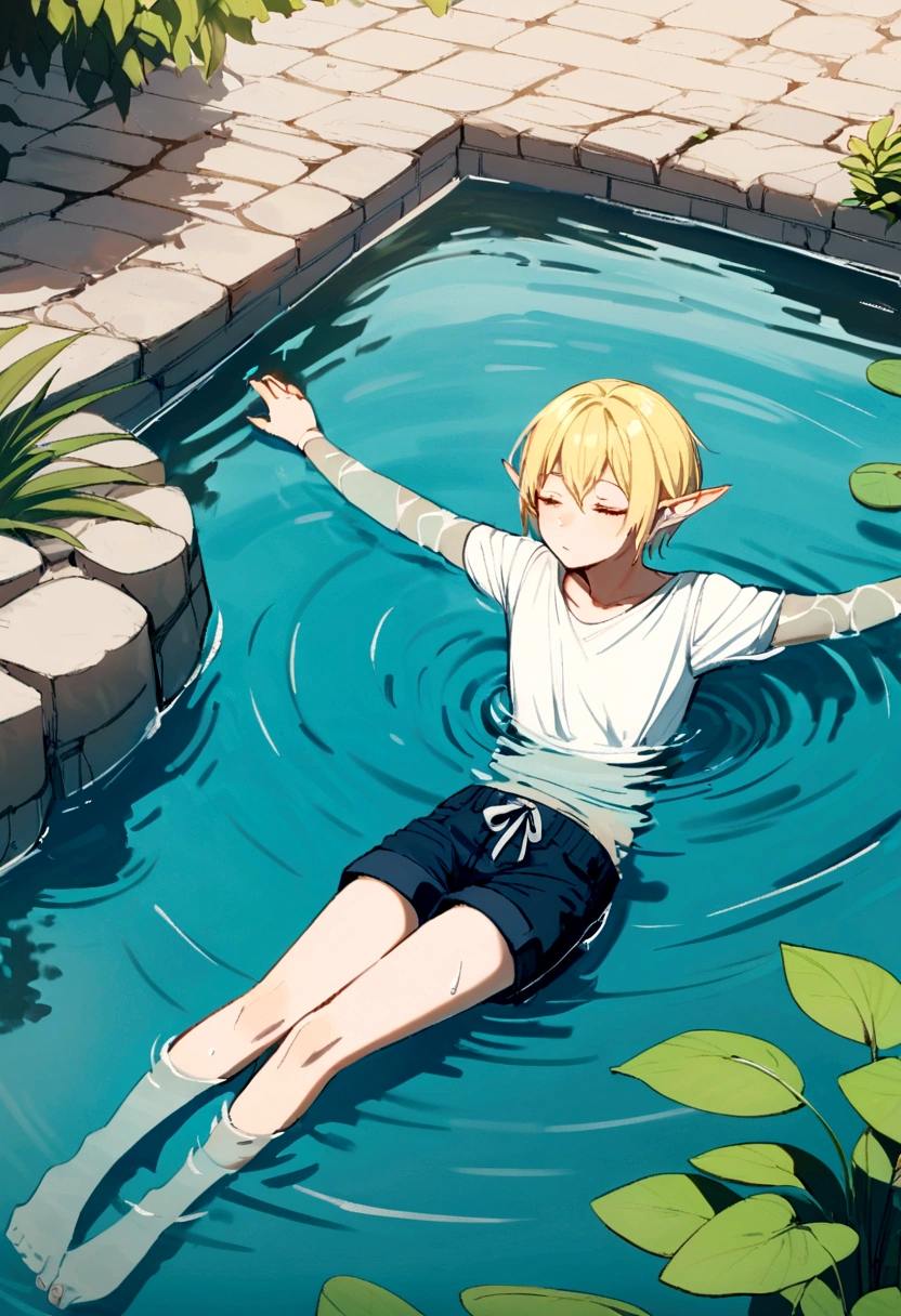 Elf man floating in water wearing only simple shorts,blonde elf man,Short Hair,Beautiful Water,Floating,relax,juvenile,Pond surrounded by cobblestones