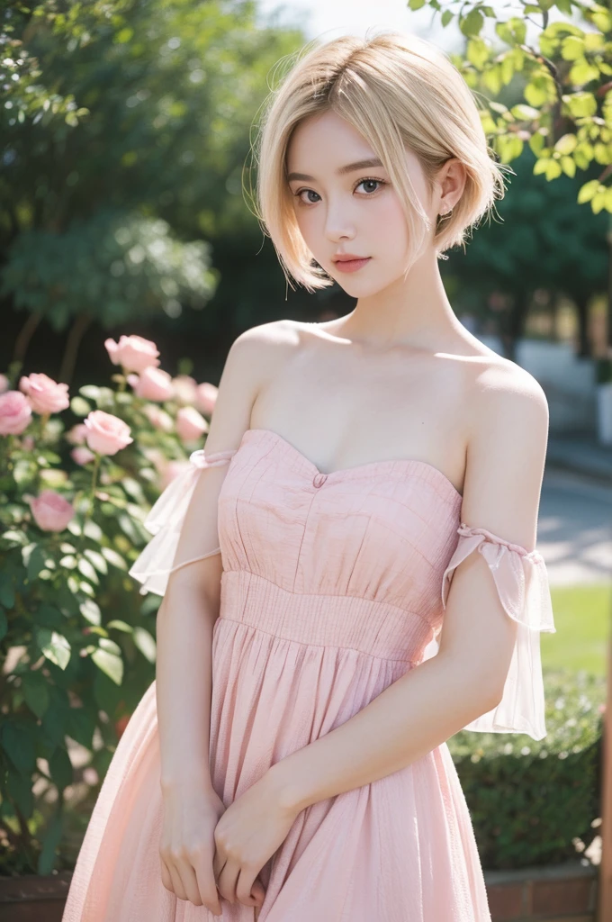 8k, RAW photo, Fujifilm, style photo of a beautiful young woman as avril in a garden of light pink roses (highly detailed skin: 1.2) Style-Petal BREAK short hair, blonde hair with colored locks, wearing a dress, film granulation, 35mm, cute style