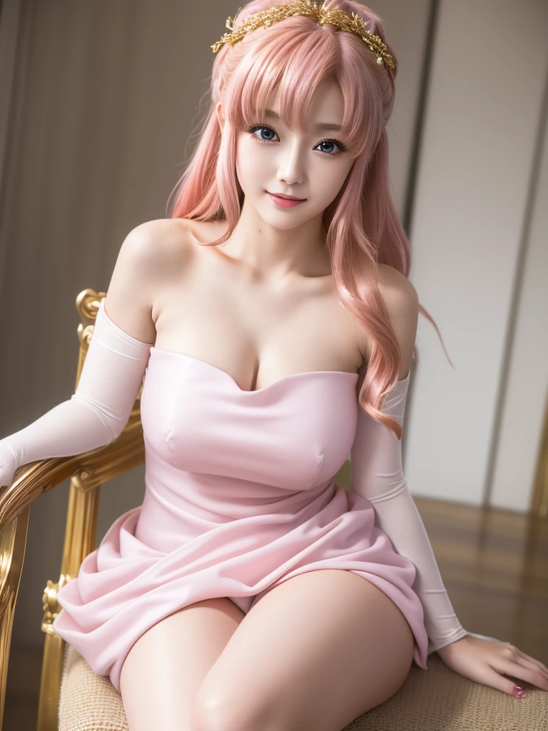 (Highest quality、4K、8K, masterpiece:1.3), Ultra detailed face, Detailed lips, Detailed eyes, double eyelid,
BREAK,
smile, (Seductive pose:1.5),
BREAK,1girl, 20 years old, (Generous Breasts:1.3), (Plump shape:1.2),
BREAK ,
lacus clyne, (purple eyes:1.1), hair ornament, long hair, wave hair ornament, (pink hair),
BREAK,
(Golden hair ornament), ((White Dress, Removable sleeves, Pink sleeves, Short sleeve, Sleeveless dress, Strapless, Strapless dress)),