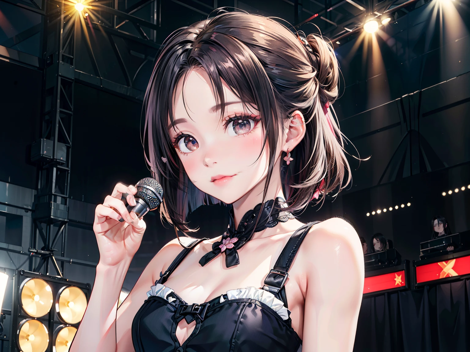 ((Best of the highest quality, 8k, Masterpiece, raw photo: 1.1)), (Sharp focus: 1.1), (1 AESPA, slim body type female, 22 y/o: 1.1), solo, Portrait Waist Up, (realistic, photo-realistic:1.37), face focus, cute face, finely eyes, (forehead, short bob hair, updo: 1.28), (sharp chin, droopy eyes: 1.32), (Emphasize prominent aegyo-sal with bright: 1.28), shimmering eyeshadow applied under the lower lash line, paired with thick, (small breasts, flat chest: 1.2), alternative outfit, walking on stage, microphone, flower,
