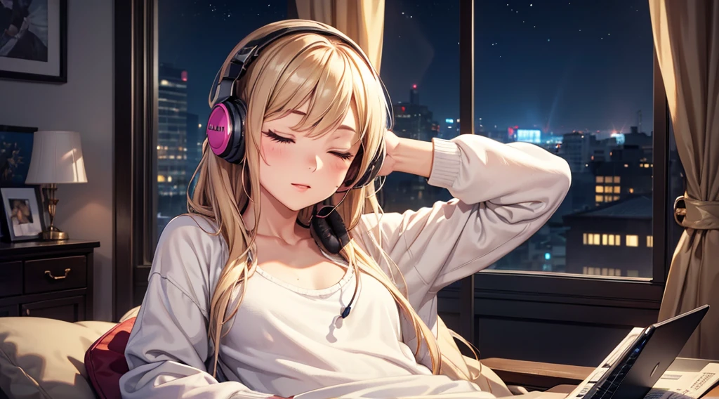 Girl with headphones enjoying music in a home　I am studying　Emphasize a little bit of the big chest　Looking towards me with eyes closed　Night Background