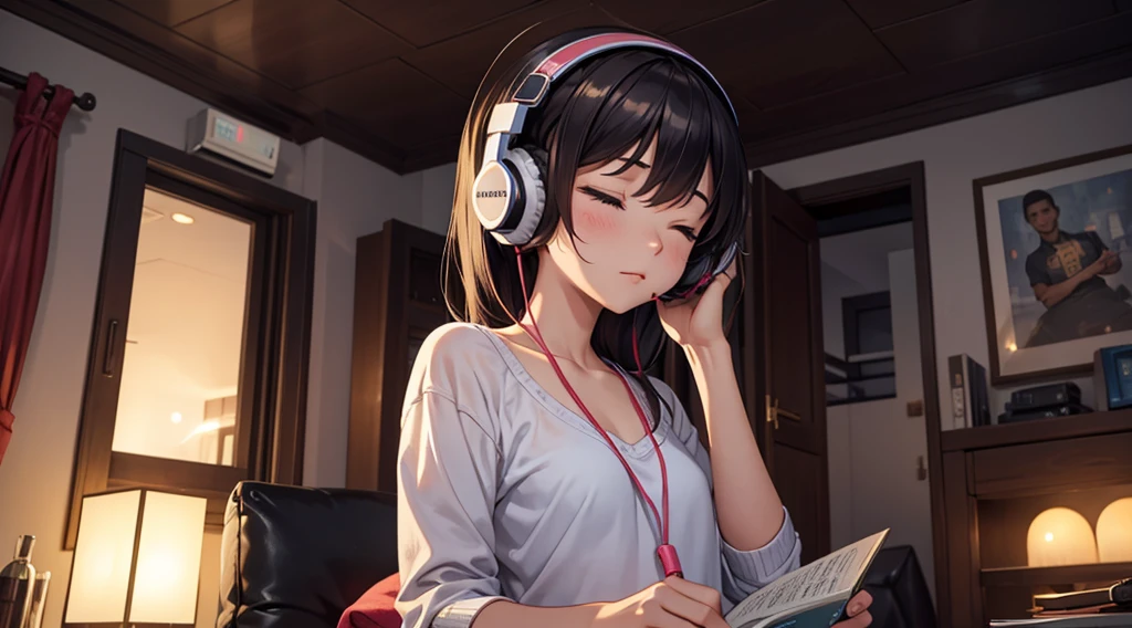 Girl with headphones enjoying music in a home I am studying Emphasize a little bit of the big chest Looking towards me with eyes closed Night Background