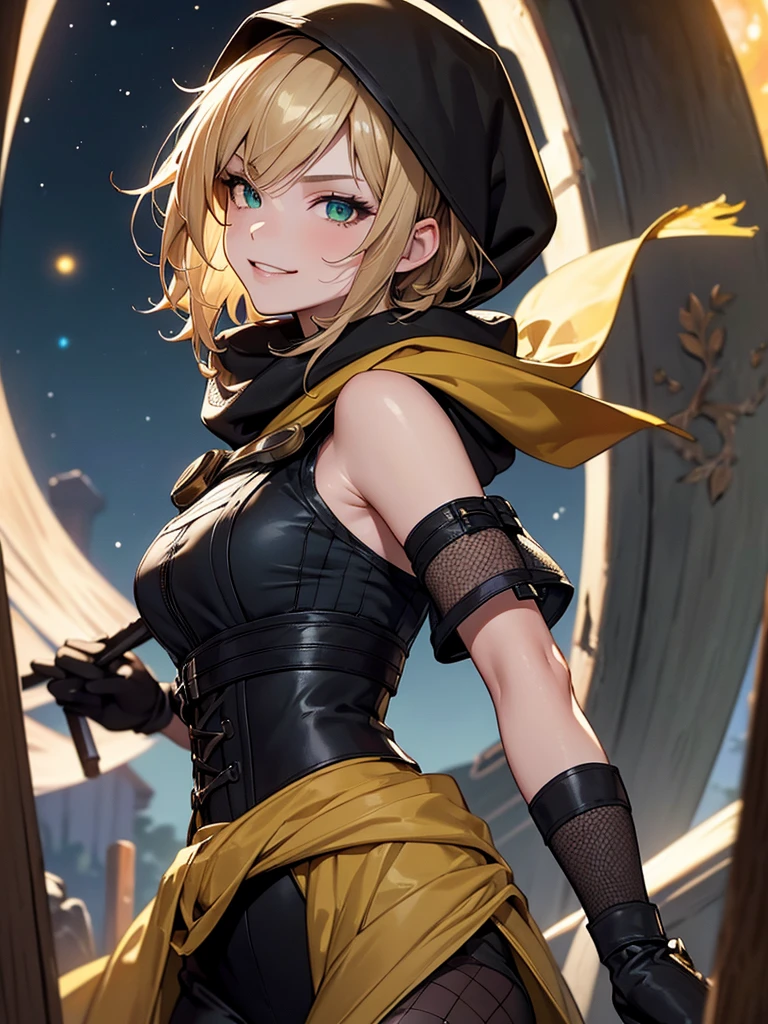 (Super detailed:1.3), ((((best quality)))), ((masterpiece)), female focus, solo, powerful glow, detailed face, detailed eyes, detailed lips,dark forest background,(starry night sky), blue moon,((dirty blonde hair)),short hair,shaggy hair, (brown thief attire), (wearing hood:1.3), green eyes, (pale skin:1.2),((smirk)),almond-shaped eyes,cute face,close-up shot, depth of field, (yellow scarf:1.2),(black hood:1.2),young girl,(teenager),(goggles:1.2),(mesh undershirt:1.3),brown corset, European ninja,sleeveless,gloves