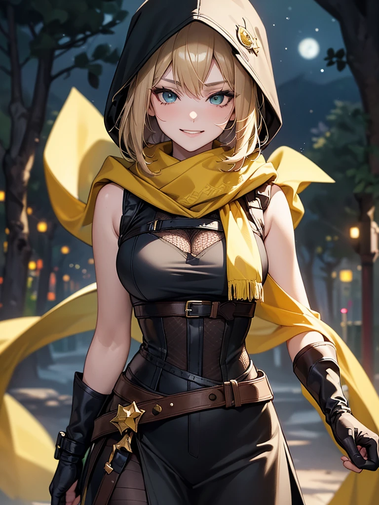 (Super detailed:1.3), ((((best quality)))), ((masterpiece)), female focus, solo, powerful glow, detailed face, detailed eyes, detailed lips,dark forest background,(starry night sky), blue moon,((dirty blonde hair)),short hair,shaggy hair, (brown thief attire), (wearing hood:1.3), green eyes, (pale skin:1.2),((smirk)),almond-shaped eyes,cute face,close-up shot, depth of field, (yellow scarf:1.2),(black hood:1.2),young girl,(teenager),(goggles:1.2),(mesh undershirt:1.3),brown corset, European ninja,sleeveless,gloves