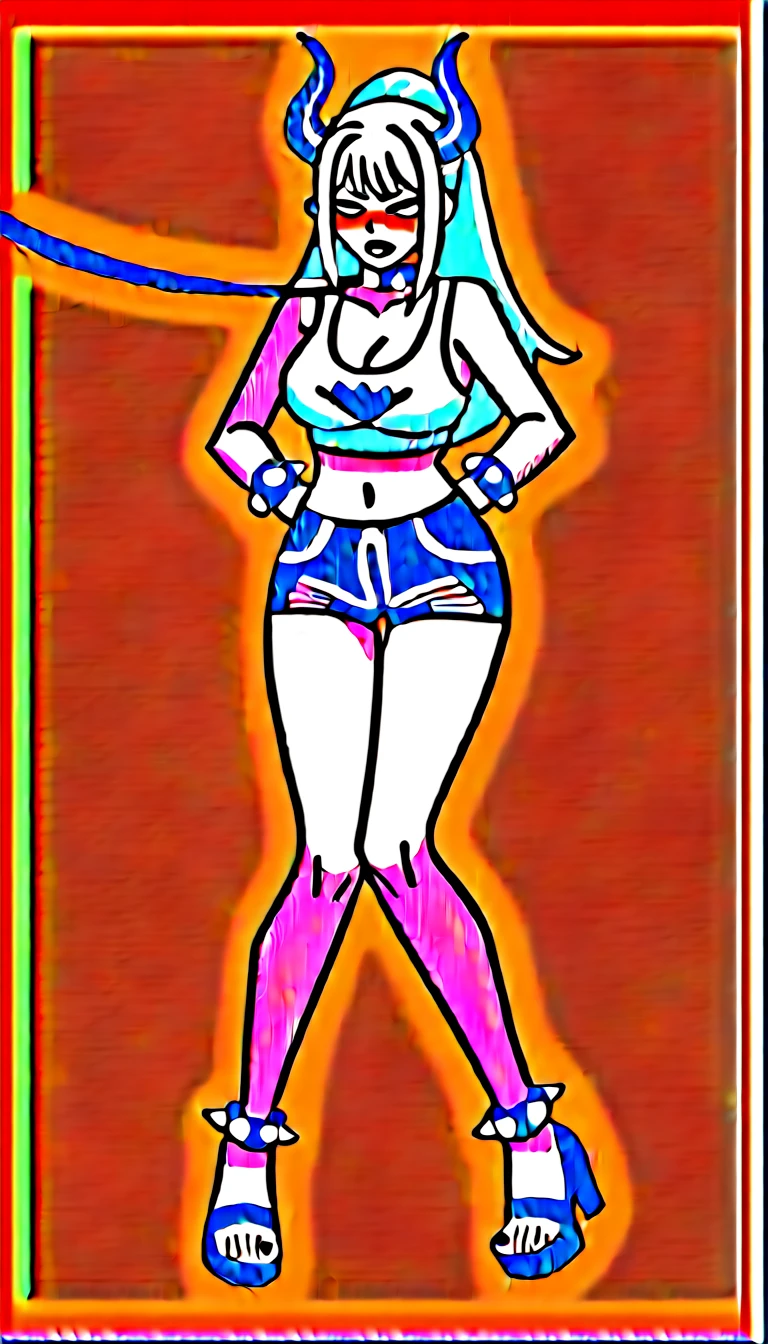 Yamato, open-toe heels, white crop-top, short shorts, cleavage, black lipstick, black eyeliner, black nails, dirt road, countryside, angry, crying, spiked collar, spiked wrist bracelets, leash on collar, spiked ankle bracelets, wrists tied up, ripped clothes, blushing