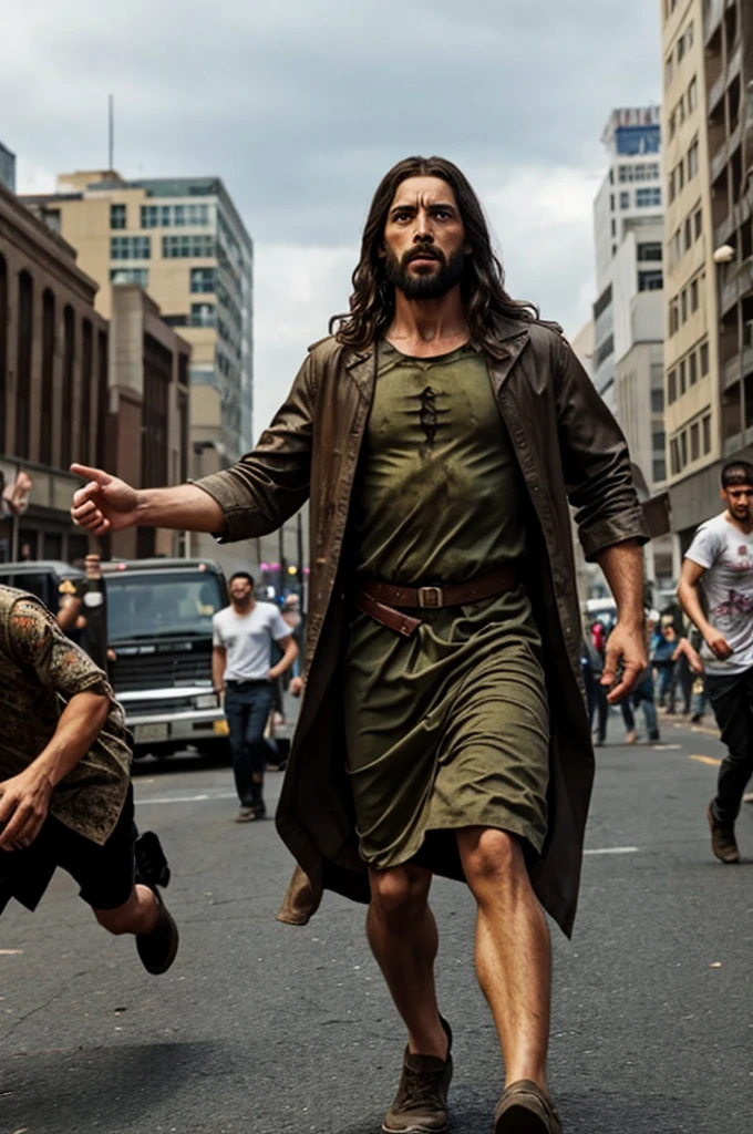 Jesus watched the zombies run rampant throughout the city