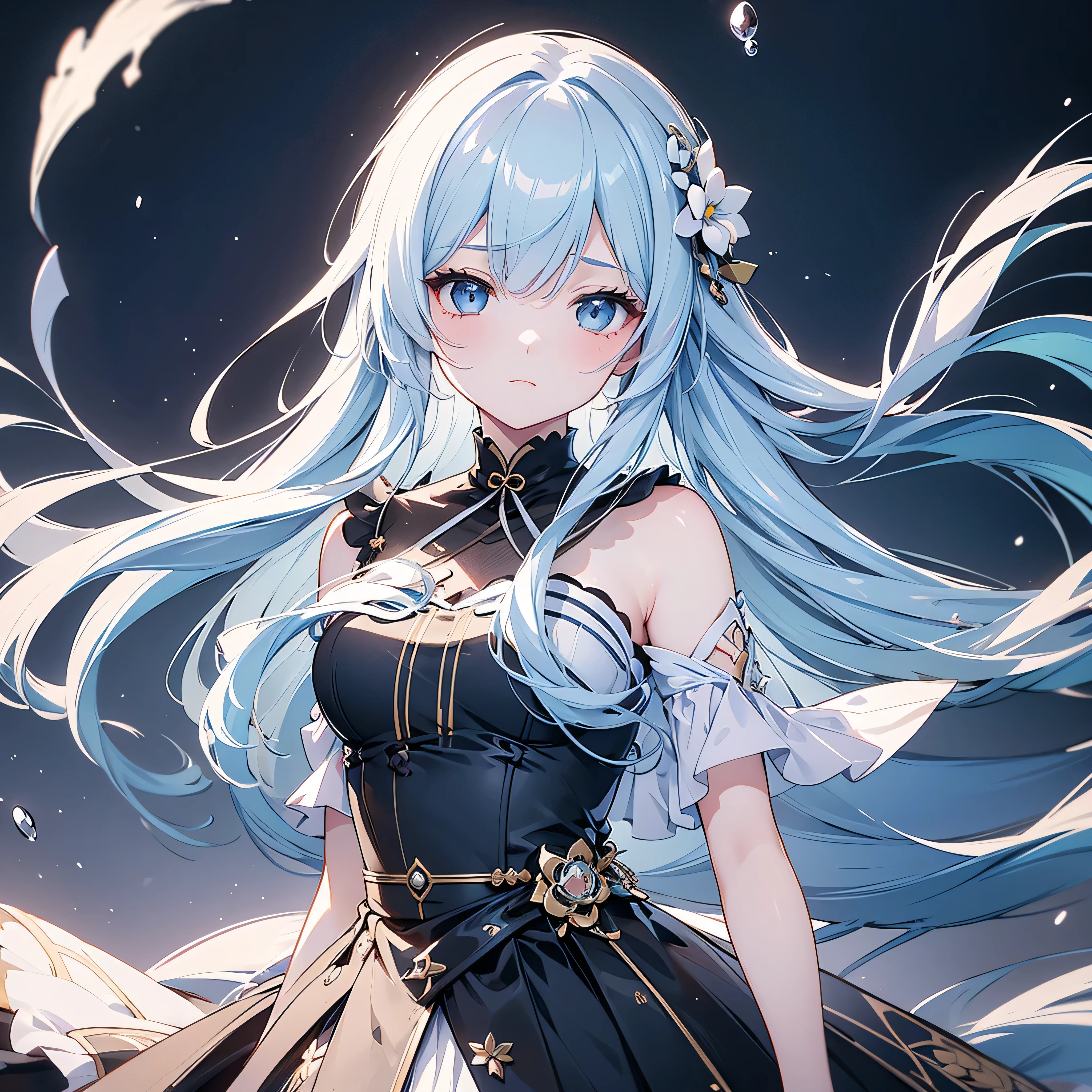 (masterpiece), (best quality), (ultra detailed),(disheveled hair),(illustration), (1girl), (Fashionable clothing), standing, Fashion model, looking at viewer, (interview), (simple background),beautiful detailed eyes, delicate beautiful face, Floating,(high saturation),(colorful splashes),colorful bubble,(shining), focus on face,  kamisato ayaka, light blue hair, bangs, hair ring, floating flowers, floating hairs.Girl, anime waifu, looking at viewer, highlydetailed, reflections transparent iridescent colors, long transparent iridescent RGB hair, artby Serafleur from artstation, thick acrylic，illustration on pixiv, waist up portrait, gorgeoussacred girl, best quality, ultra detailed,sad,clever,beautiful face , beautiful lighton black background, Character stvle renderedby Octane, 
