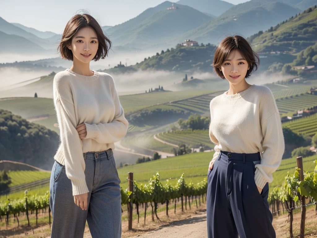 8k best picture quality, Beautiful 36-year-old Korean woman, clear and nice weather. Chest size 34 inches, italian countryside , Past the vineyards, the cathedral can be seen in the distance in the fog.., The back background is realistic and vivid image quality, Short and medium hair blowing in the wind, Wearing high-end luxury knitwear. casual pants, Smile. the background is clear, Short and slim Korean woman, stand far away, Photo taken with a wide-angle lens, short hair blowing in the wind. 