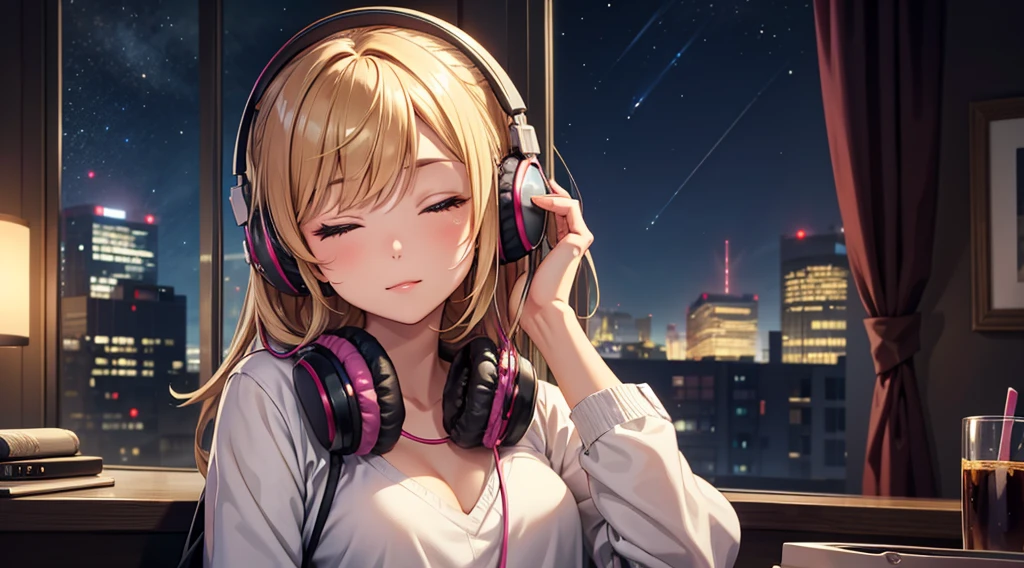 Girl with headphones enjoying music in a home　I am studying　Emphasize a little bit of the big chest　Looking towards me with eyes closed　Night Background
