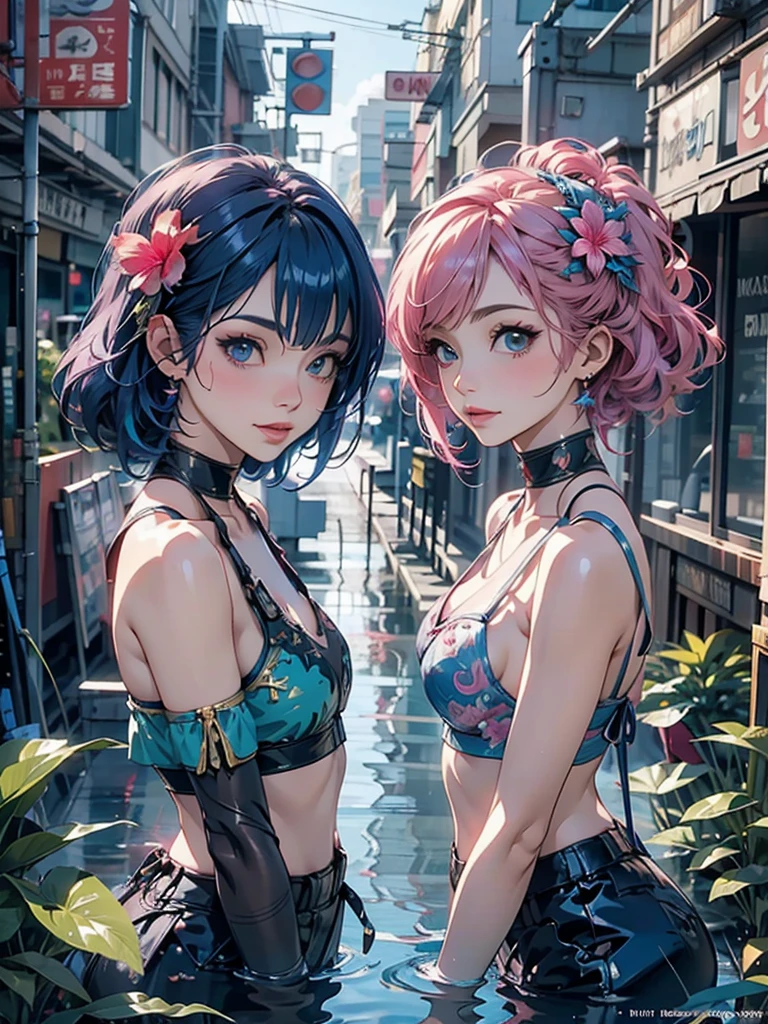 with blue-pink hair and peacock feathers, fully body, naughty corner smile, Glowing gold Eyes, waters, inspired by Nari Hiko-kun, CG Society, 🌺 anime styling. 8K, anime styling 3D, popular em CGSTATION, Arte detalhada de alta qualidade em 8K, Guvez style art, fantasy art style, realistic anime 3d style, anime inspiration, anime styling mixed with Fujifilm,