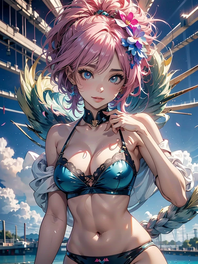 with blue-pink hair and peacock feathers, fully body, naughty corner smile, Glowing gold Eyes, waters, inspired by Nari Hiko-kun, CG Society, 🌺 anime styling. 8K, anime styling 3D, popular em CGSTATION, Arte detalhada de alta qualidade em 8K, Guvez style art, fantasy art style, realistic anime 3d style, anime inspiration, anime styling mixed with Fujifilm,