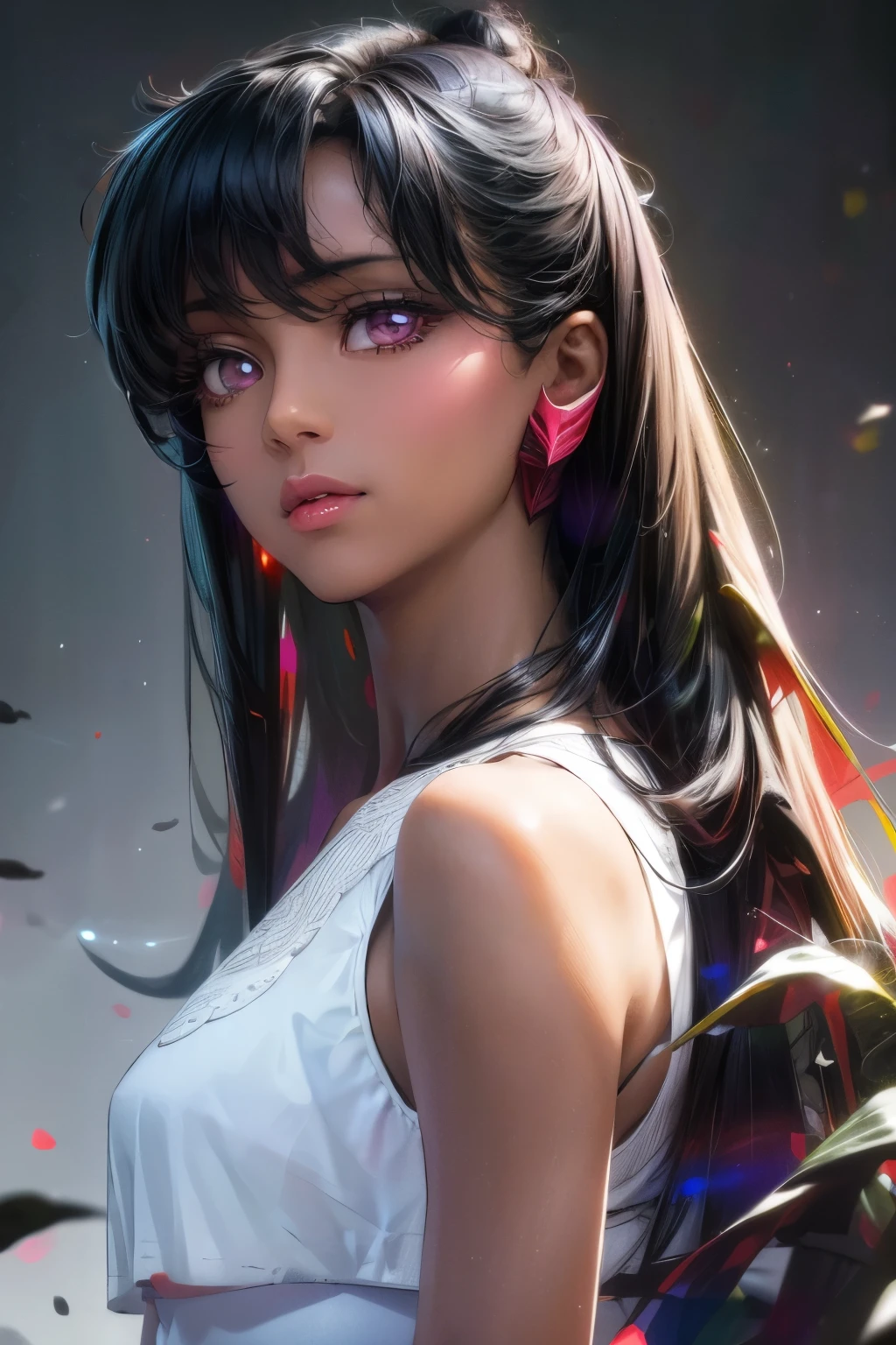 A with jet black straight hair, Dark Skin, Latin, Purple Iris, Delicate eyes, Delicate face, Wear white clothes that show your body lines,Light, Fuller body,Realistic concept art with strong backLighting