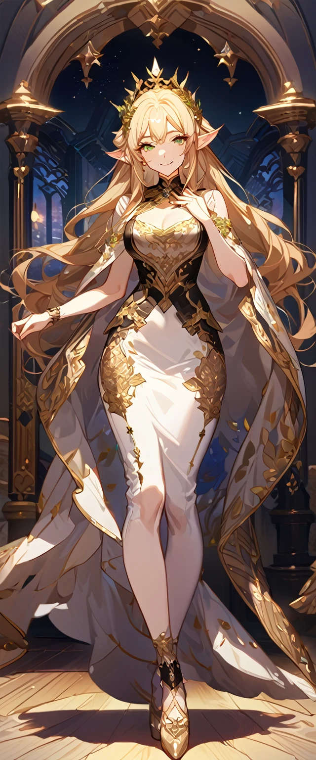 masterpiece, best quality, 8k ,4k , 1girl, elf queen, blond reddish hair, green eyes, big chest, gold wreath crown, hair ornament, finely detailed eyes and detailed face, looking at viewer, white sleeveless, Lace dress, patterned clothes, gold embroidery clothes, meticulous clothes, mature clothes, transparent cape with lace, majestic looks, smiling gently, small bird, full body, inspired by Asukaziye artist : ask, art style : ask