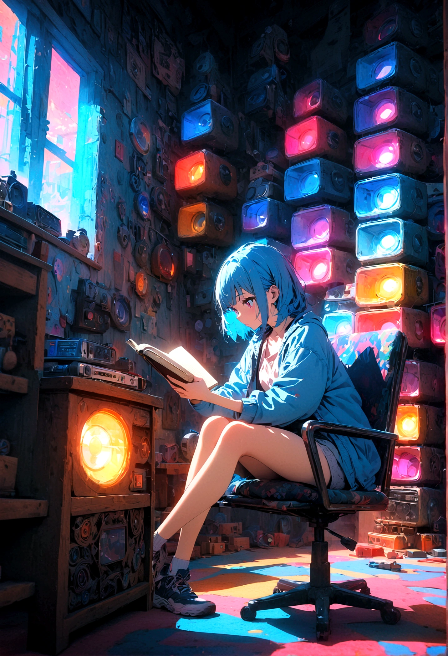Anime style, masterpiece, ultra-detailed, 8K, A girl with blue hair is sitting on a chair reading a book. Surrounding her are many radios of various shapes and colors, stacked around her. The scene is indoors.