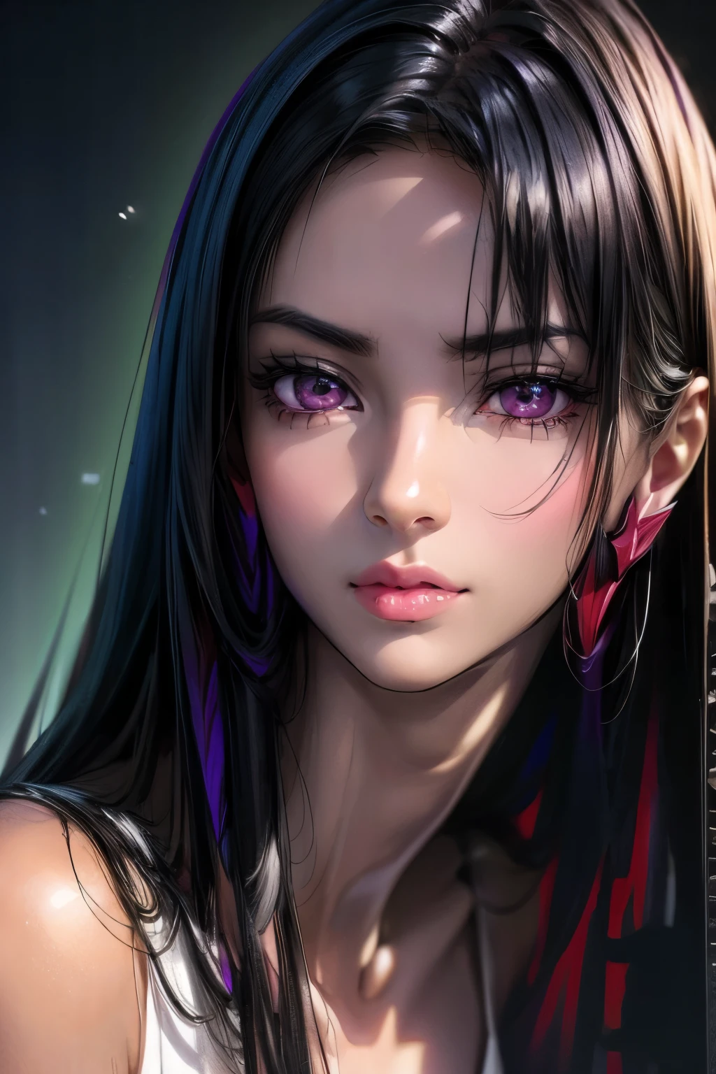 A with jet black straight hair, Dark Skin, Latin, Purple Iris, Delicate eyes, Delicate face, Wear white clothes that show your body lines,Light, Fuller body,Realistic concept art with strong backLighting
