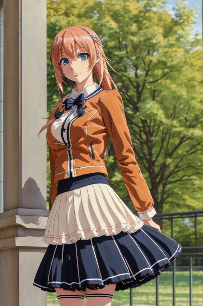 (masterpiece:1.3), (best quality:1.1), (8k, ultra detailed, ultra high res:1.2), ((anime style)), perfect 5 fingers, perfect anatomy, ((impressionism)),
1girl,
Ichinose honami, 
Ichinose honami \(youjitsu\),
long hair, 
pink hair, 
blue eyes, round eyes, tareme, 
blue bow, 
large , 
red jacket, long sleeves, white skirt, pleated skirt, black calf socks, 
looking at viewer, 
cowboy shot, 
perfect light, 
(detailed background:1.2), outdoor, outside, school building,  