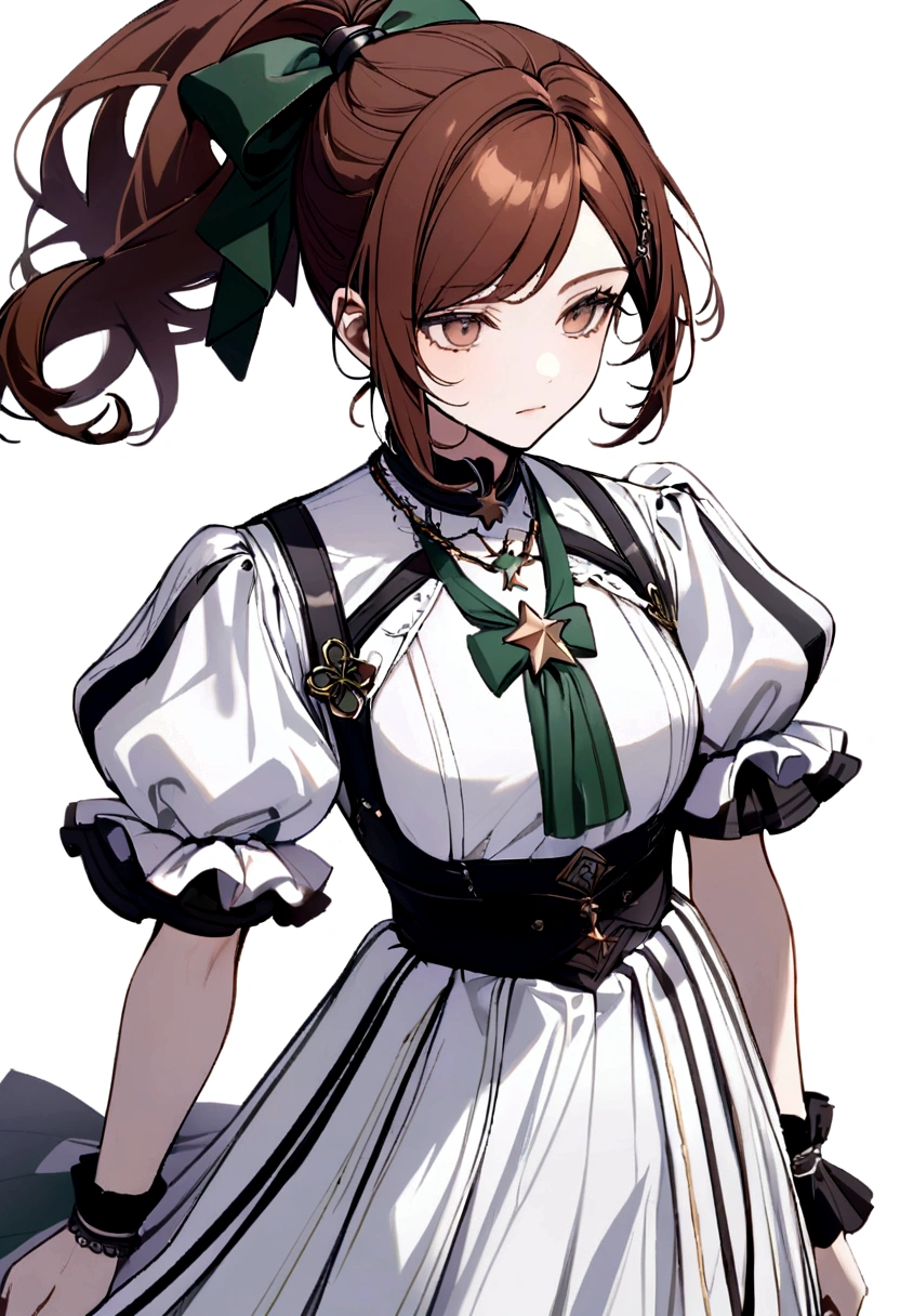 Reddish brown hair styled in a ponytail, a green bow along with a black hairpin. white shirt with puffed sleeves, star necklace, white skirt with black details at the end. black shoes with white details