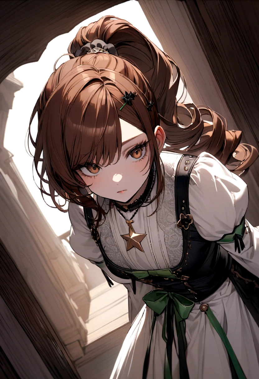 Reddish brown hair styled in a ponytail, a green bow along with a black hairpin. white shirt with puffed sleeves, star necklace, white skirt with black details at the end. black shoes with white details