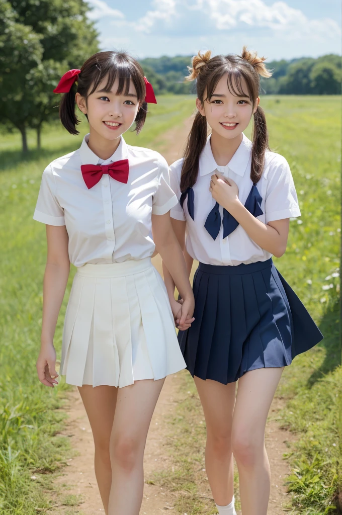 2 girls walking in rural field,cumulonimbus cloud in summer sky,white sailor shirt with red bow tie,navy blue pleated skirt,18-year-old,bangs,a little smile,thighs,knees,short hair with low pigtails bunches,from below,front light