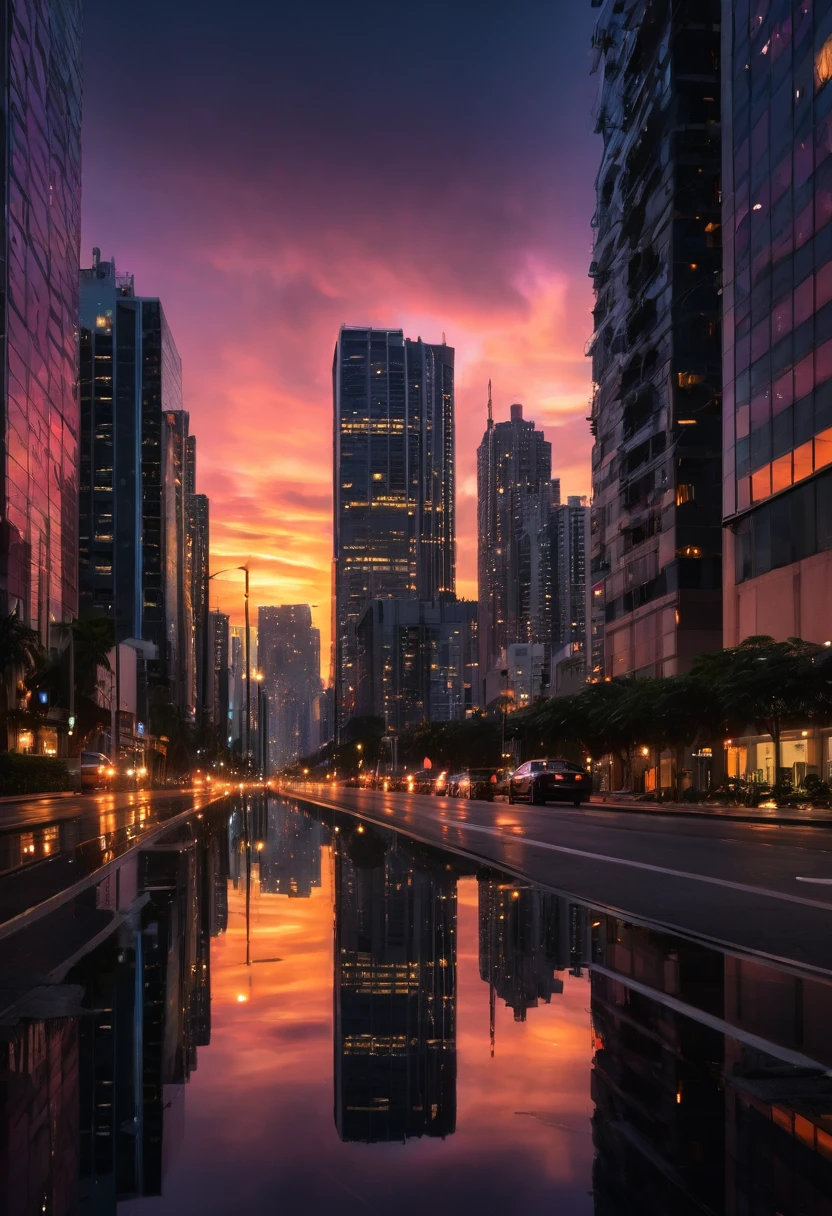 Sunset, Skyscrapers, Reflections, High dynamic range, Cinematic, Orange and pink sky, Silhouettes, Streets filled with lights, Atmospheric, Realistic