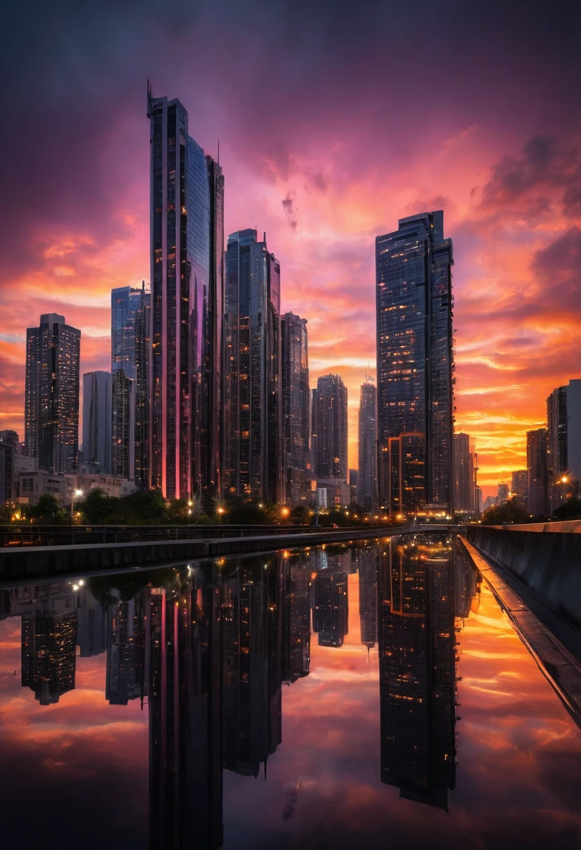 Sunset, Skyscrapers, Reflections, High dynamic range, Cinematic, Orange and pink sky, Silhouettes, Streets filled with lights, Atmospheric, Realistic