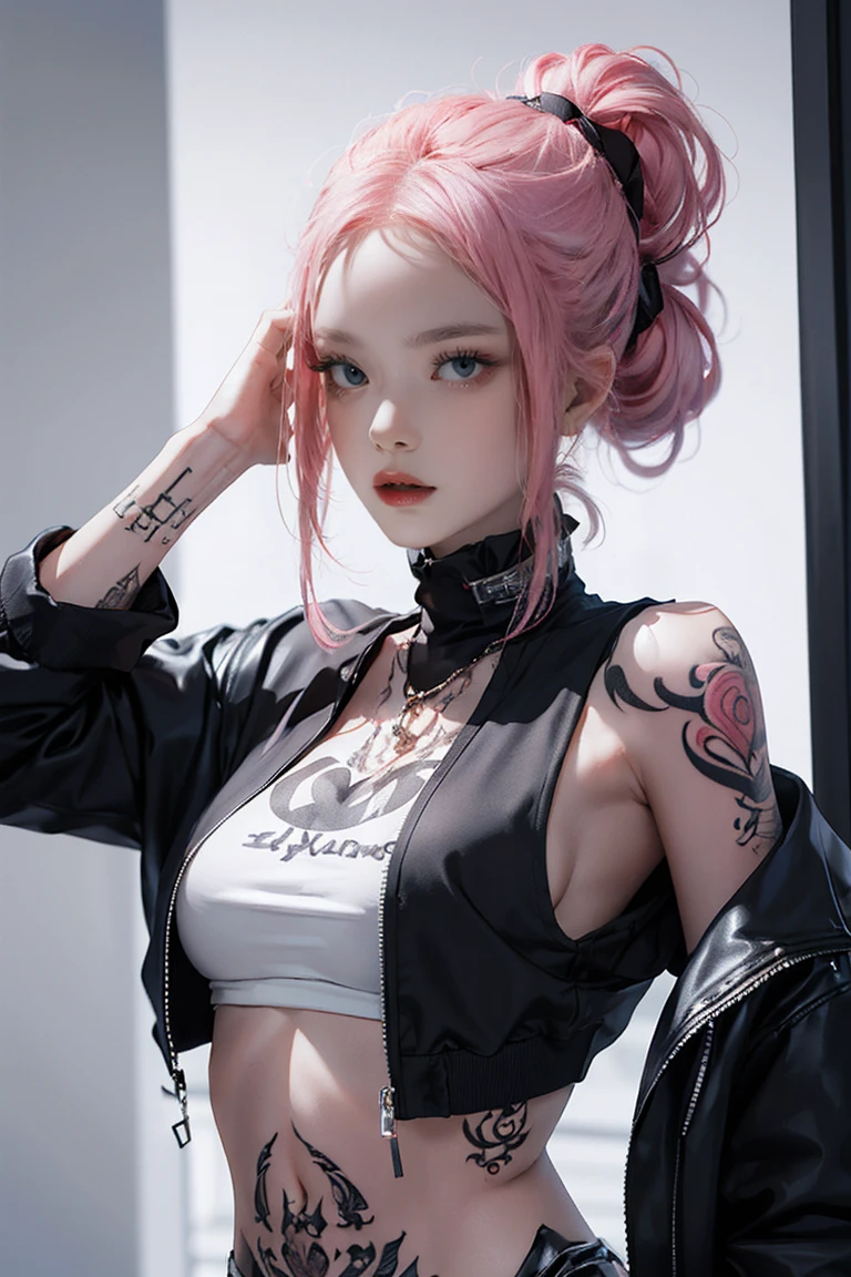 Pink Hair, Perfect Style, Beautiful Face, Highly detailed face and skin texture, (Maximum resolution: 1.2), 1 female, alone, Hip Up, jewelry, (((She has many tattoos all over her body)), Streetwear, I'Exercising at the gym, Pink Hair, Shorts, Sports boots, (((Tight waist))), ((Big Breasts)),NSFW