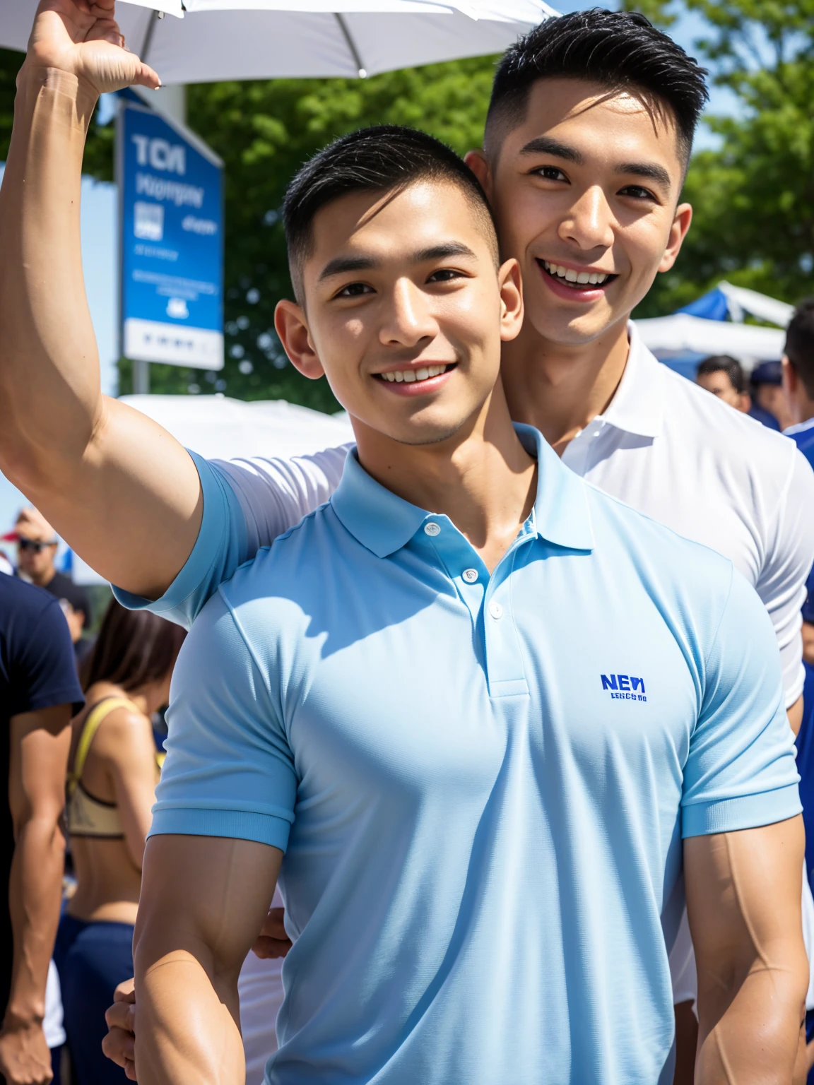 (Create a masterpiece: 1.2),(CGI art:1.3),(realistic:1.5),(After processing:1.3),(Sharp focus:1.3),10,1 man, smile, (Wear a navy polo shirt with typhography "TOGA" Logo name), Navy cargo pants, Korean guy , korean men, (High gloss details), chest muscles, large arm muscles, blood vessel, Big muscles, Broad shoulders, looking at the audience, Balancing the eyes, supermarket,