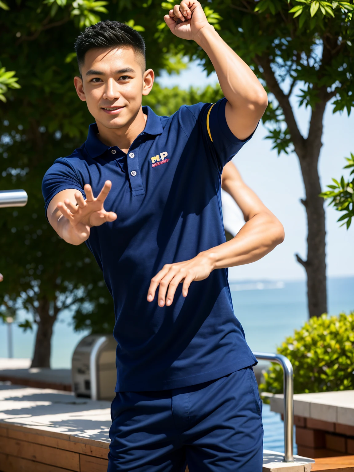 (Create a masterpiece: 1.2),(CGI art:1.3),(realistic:1.5),(After processing:1.3),(Sharp focus:1.3),10,1 man, smile, (Wear a navy polo shirt with typhography "TOGA" Logo name), Navy cargo pants, Korean guy , korean men, (High gloss details), chest muscles, large arm muscles, blood vessel, Big muscles, Broad shoulders, looking at the audience, Balancing the eyes, supermarket,