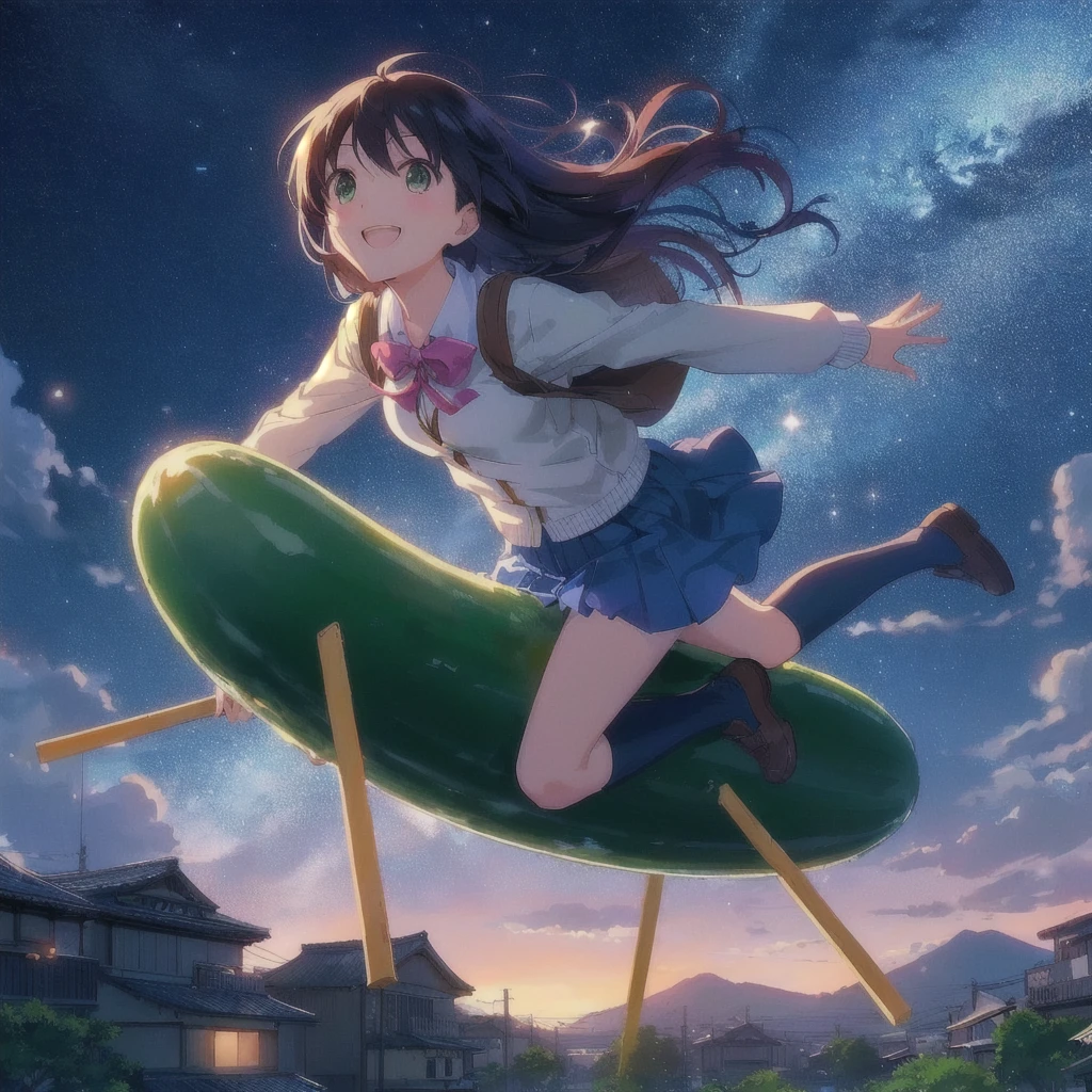 Floating in the sky、Anime girl sitting on a pickle on a wooden stick, smile,賛 girl, 80s anime style, Showa Town,praise album art, praise artstyle, Cute girl anime visuals, praise art, arte koto no ha no niwa, Highly detailed official artwork, Official Anime Artwork, Summer Festival Night, praise, Makoto Shinkai's art style, praise vibes