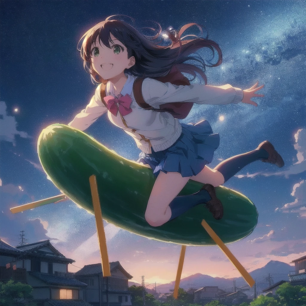 Floating in the sky、Anime girl sitting on a pickle on a wooden stick, smile,賛 girl, 80s anime style, Showa Town,praise album art, praise artstyle, Cute girl anime visuals, praise art, arte koto no ha no niwa, Highly detailed official artwork, Official Anime Artwork, Summer Festival Night, praise, Makoto Shinkai&#39;s art style, praise vibes