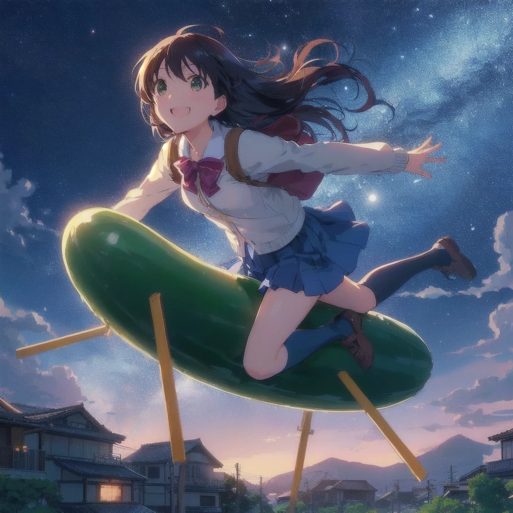 Floating in the sky、Anime girl sitting on a pickle on a wooden stick, smile,賛 girl, 80s anime style, Showa Town,praise album art, praise artstyle, Cute girl anime visuals, praise art, arte koto no ha no niwa, Highly detailed official artwork, Official Anime Artwork, Summer Festival Night, praise, Makoto Shinkai's art style, praise vibes