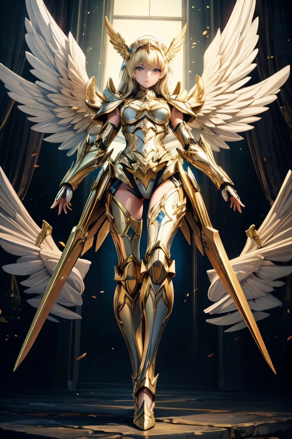 masterpiece,Highest quality,Very detailed,Heavily Armed Angel,Blonde,Beautiful and detailed eyes,skinny,Small breasts,Shining Wings,Mecha Armor, full body,battlefield