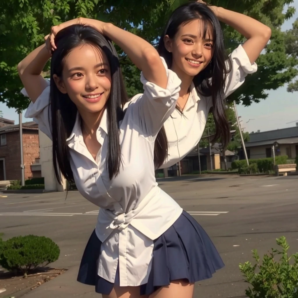 HDR, CG, sharp focus, (8k), (4k), masterpiece, best quality, sharp focus, extremely detailed, intricate, hyper detailed, nagatoro hayase, brown eyes, black hair, bangs, long hair, dark skin, hairclip, white shirt, blue skirt, no socks, uwabaki, standing, arms behind head, cowboy shot, looking at viewer, outdoors, evil grin